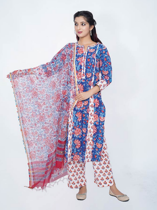 Blue Printed Kota Doria Dupatta