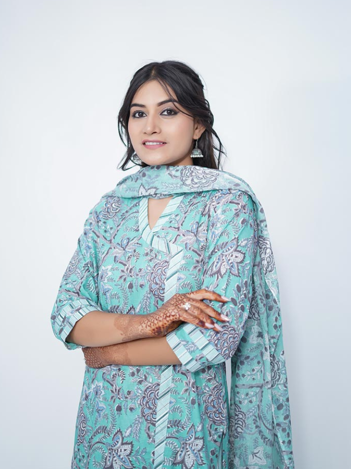 Blue Cotton Dabu Print Suit Set