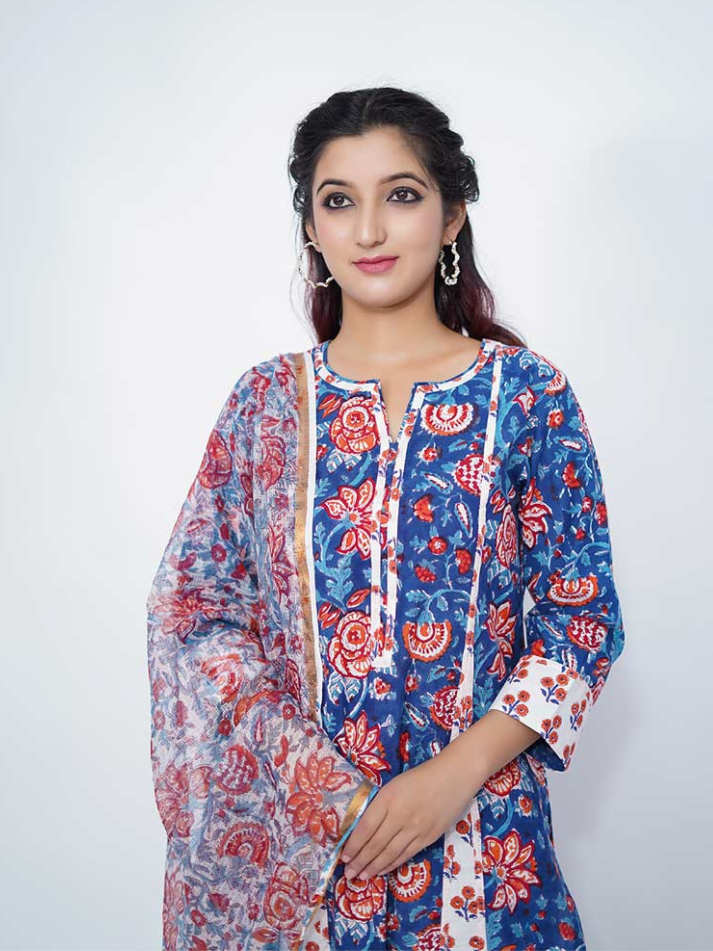 Blue Cotton Block & Kalamkari Print Suit Set