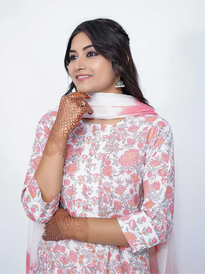 Pink Cotton Bagru Print Suit Set