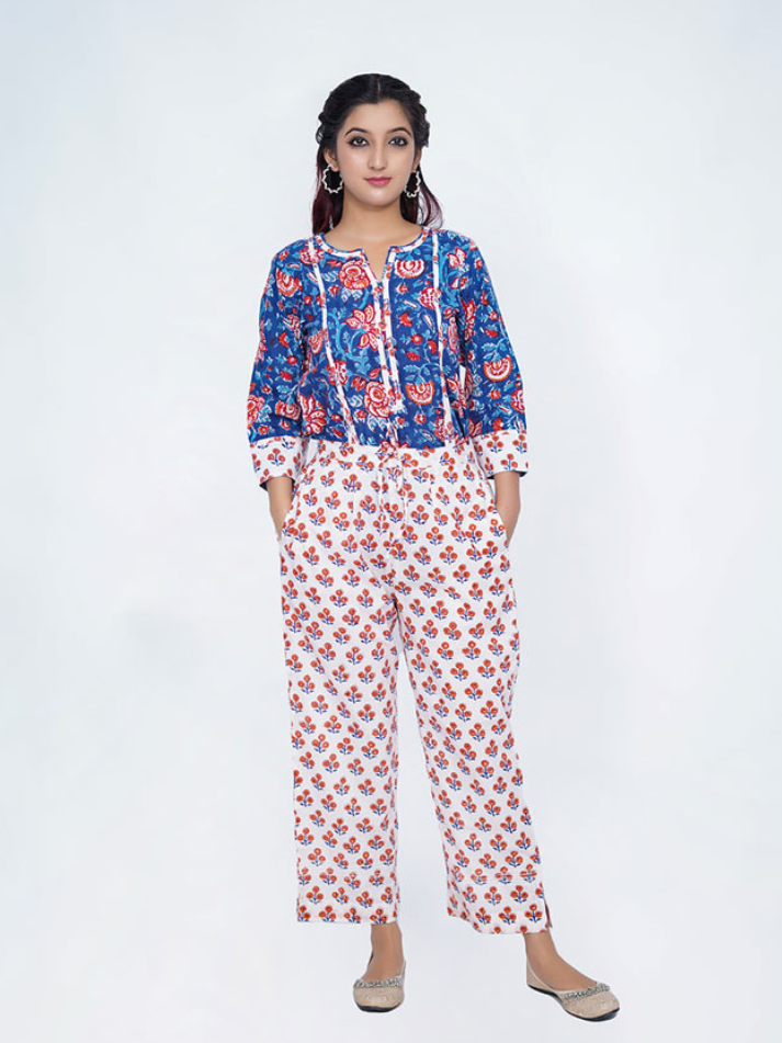 Blue Cotton Block & Kalamkari Print Suit Set