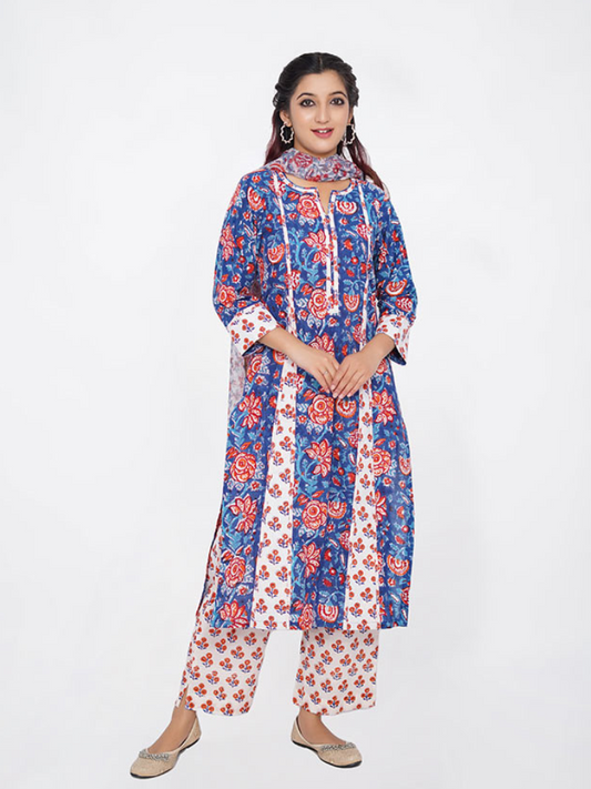 Blue Cotton Block & Kalamkari Print Suit Set