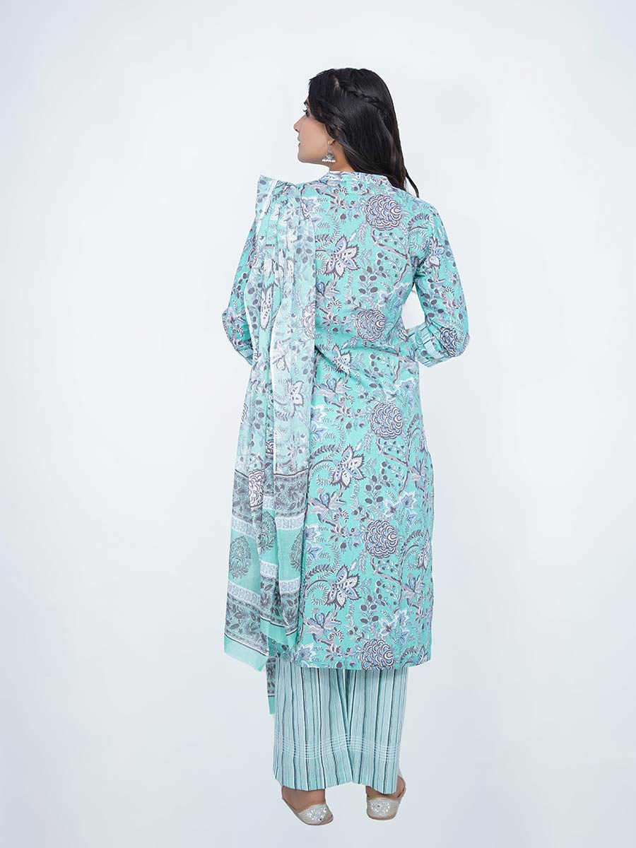 Blue Cotton Dabu Print Suit Set