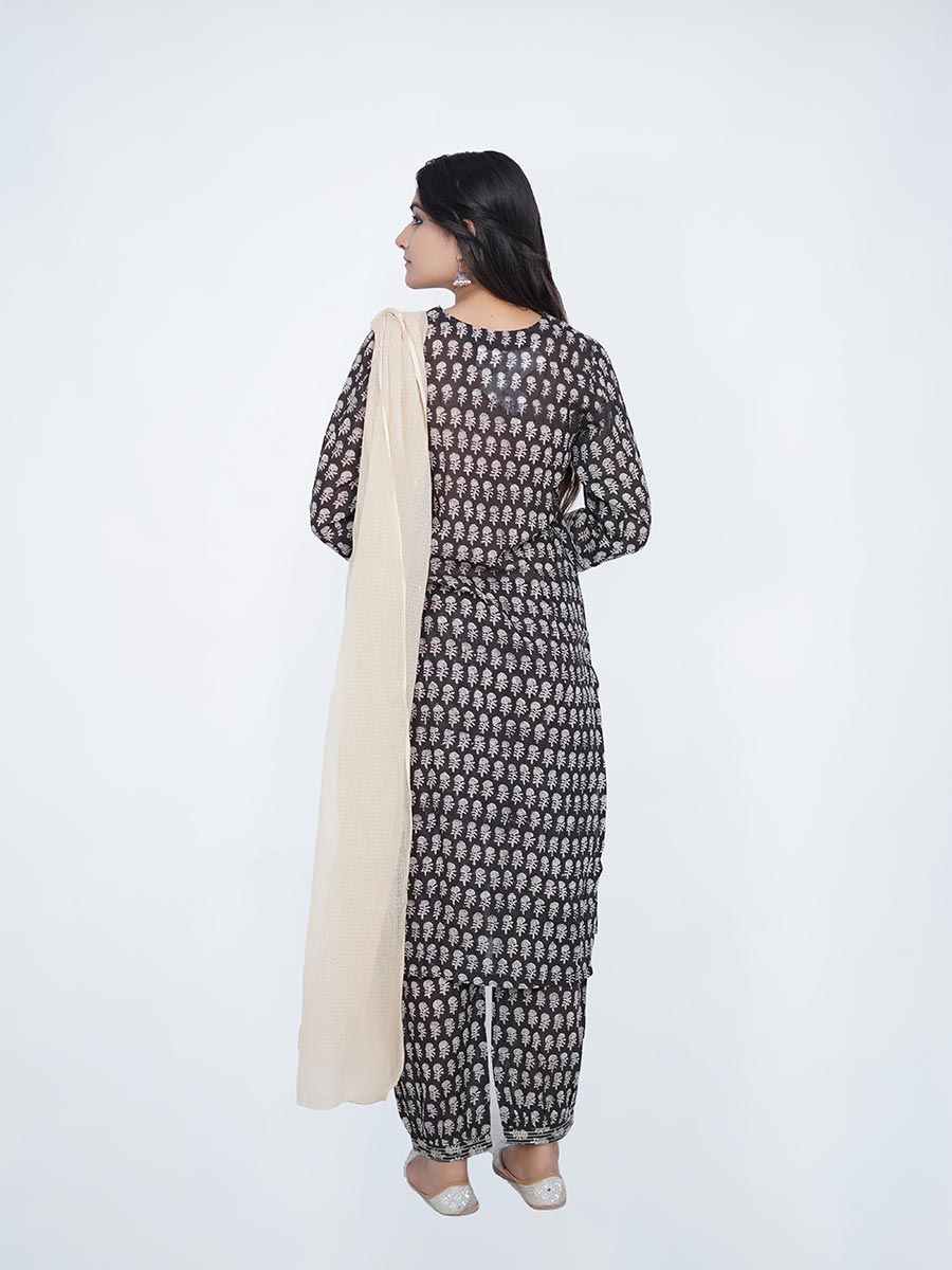 Black Cotton Block Print Suit Set