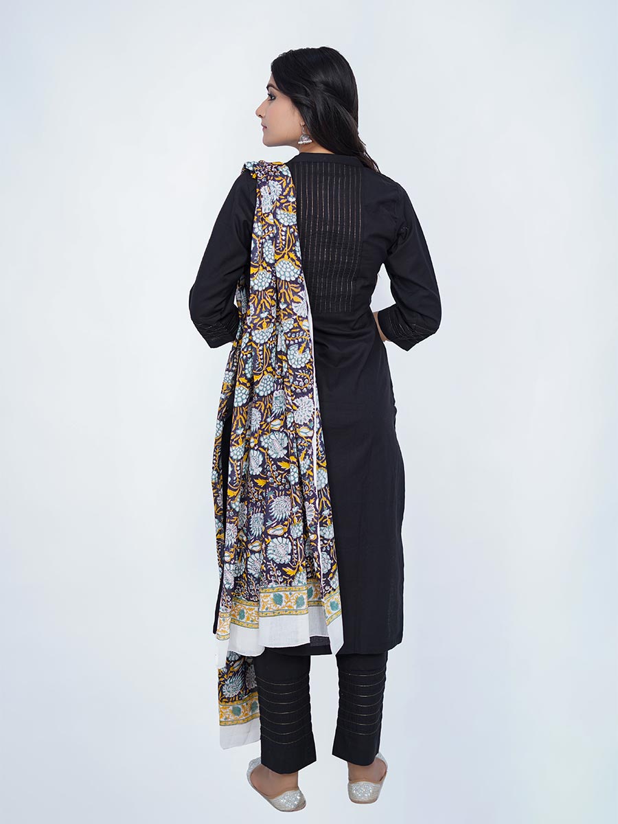 Black Cotton Plain Suit with Printed Dupatta