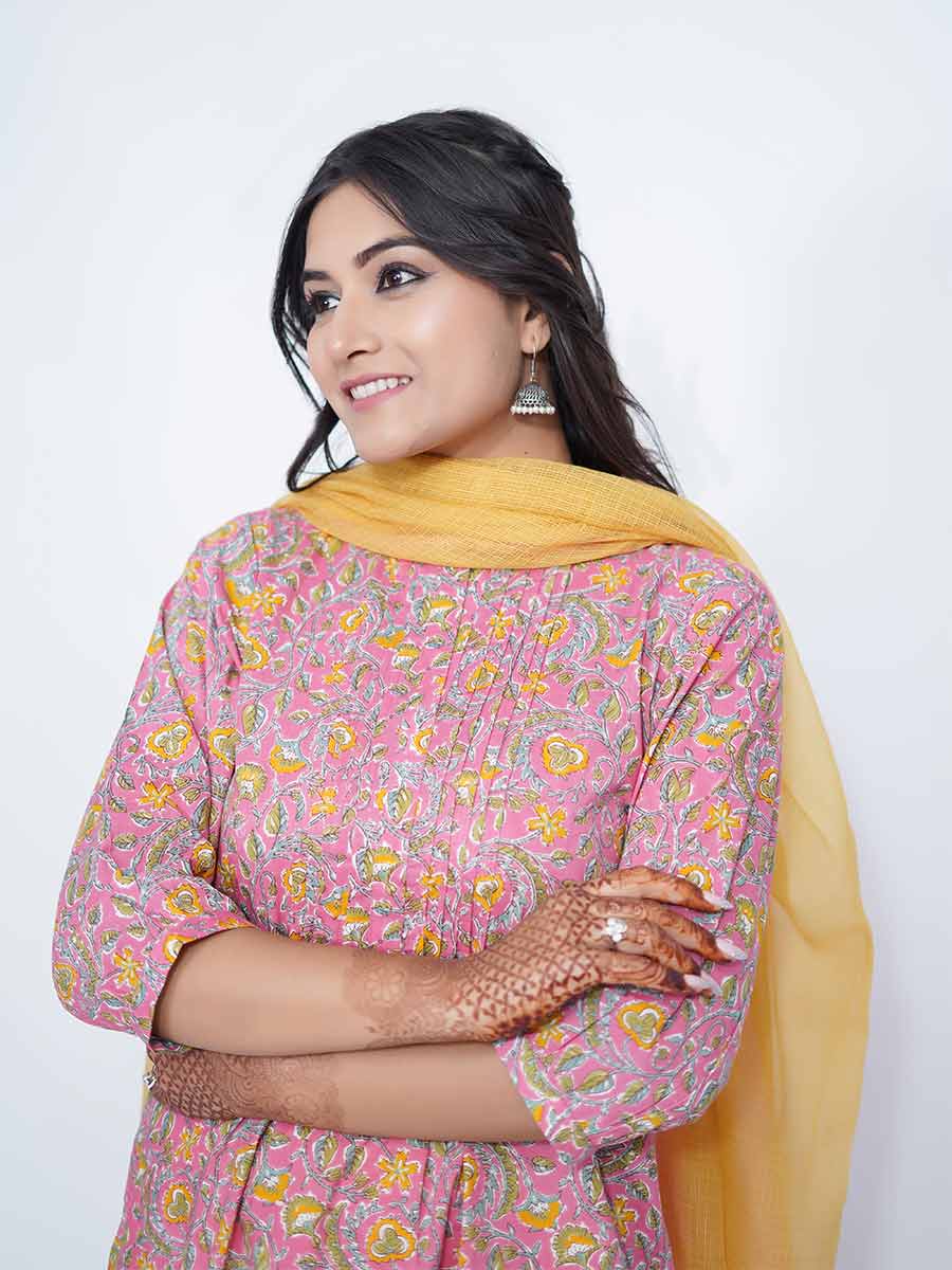 Pink Cotton Bagru Print Suit Set