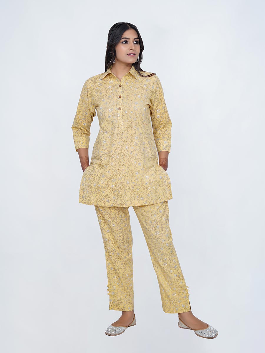 Yellow Cotton Dabu Print Co-ord Set